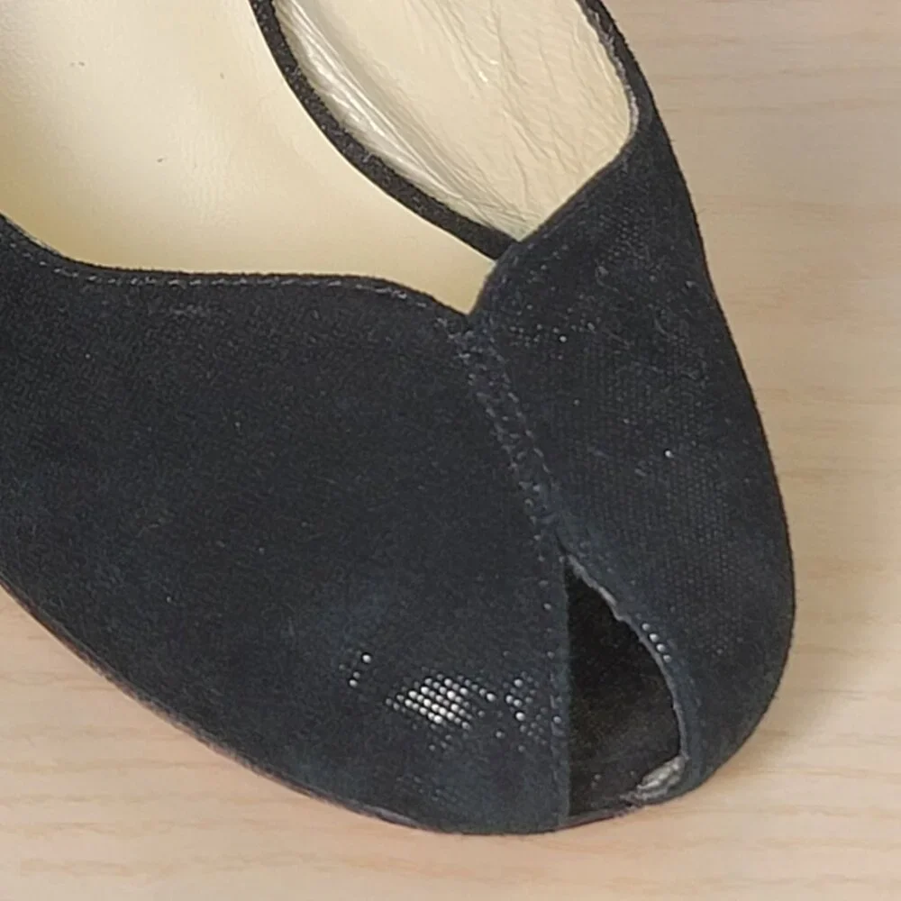 BCBGMAXAZRIA Kelly Black Metallic Leather Peep Toe Heels Size EU 39/US 8.5